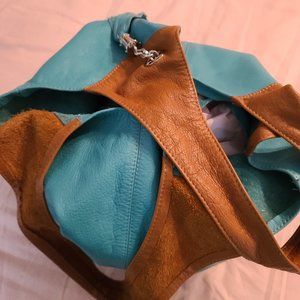 Large buttery leather teal blue shoulder bag